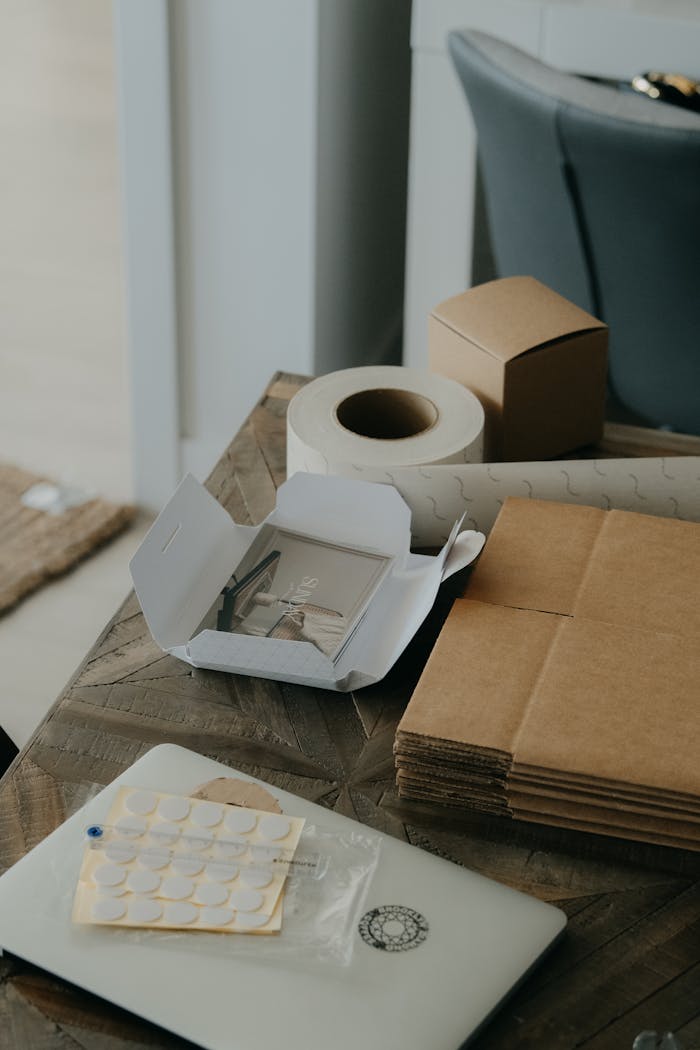 A collection of eco-friendly packaging materials laid out on a rustic wooden table.